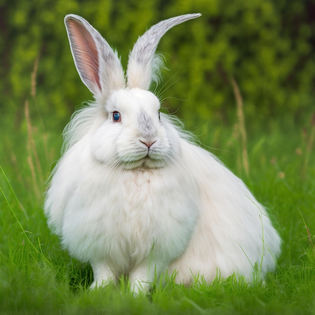 Sedate pasqua Coniglio d'angora gigante ritratto corpo pieno seduto in campo verde