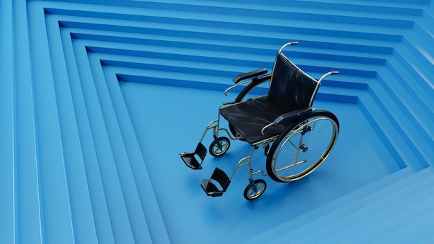 sedia a rotelle davanti alle scale blu Problemi delle persone con disabilità 3d render