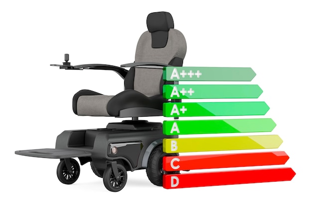 sedia a rotelle elettrica con grafico di efficienza energetica rendering 3D isolato su sfondo bianco
