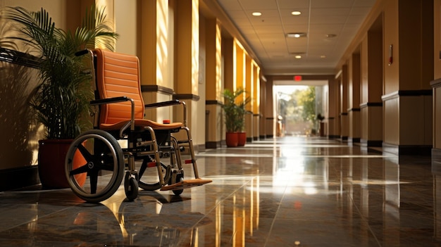 sedia a rotelle per persone con disabilità disponibile nel corridoio dell'hotel spazio di copia banner di alta qualità