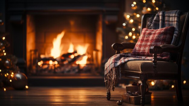 Sedia accogliente accanto a un caldo caminetto Vacanze di Natale