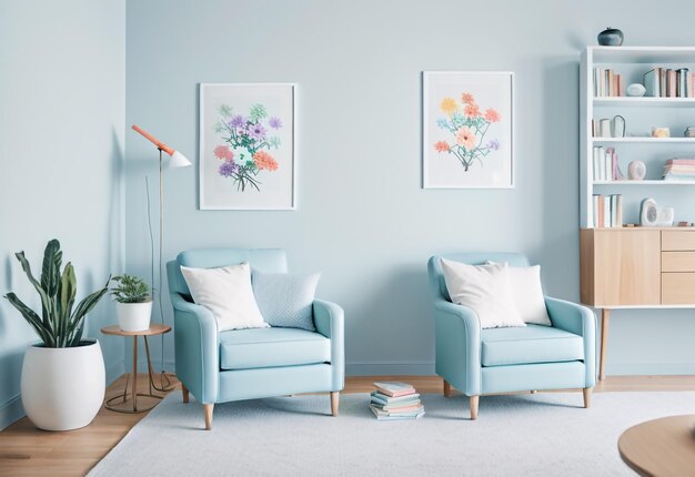 sedia bianca con libro e fiore colorato in salotto blu chiaro