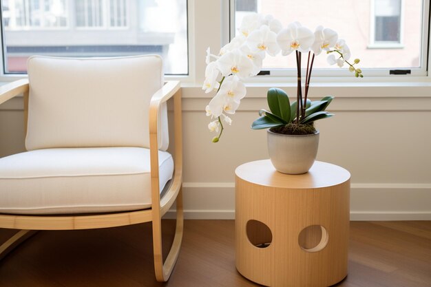 sedia bianca con un tavolo con fiori nel soggiorno