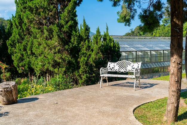 sedia bianca vuota in giardino