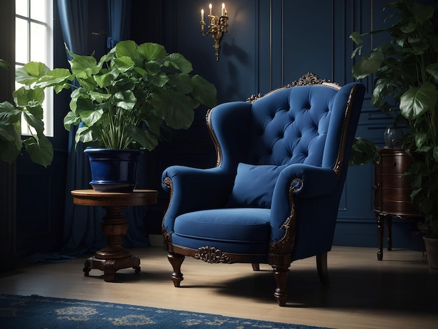Sedia blu contro parete blu nell'interno del soggiorno design interno elegante con spazio di copia ai generativo