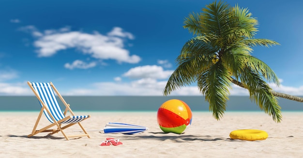 Sedia da spiaggia vuota con sandali infradito con pallone da spiaggia, ombrellone sotto una palma in spiaggia durante una vacanza estiva nei Caraibi