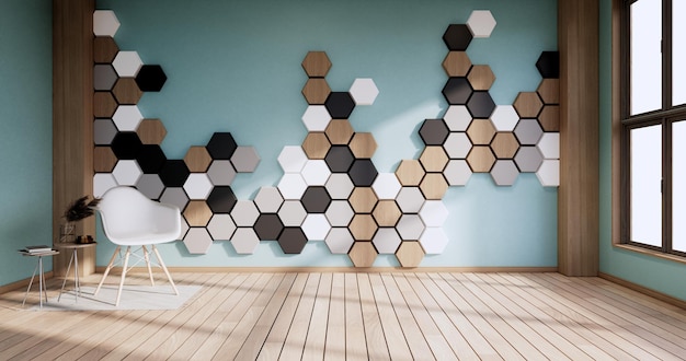 Sedia e piante decorative, piastrelle esagonali in legno, bianco, nero su parete Mint moderna camera minimalista. Rendering 3D