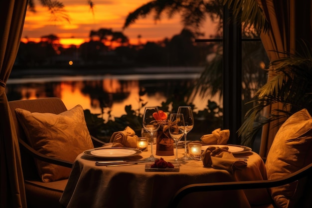 Sedia e tavolo da pranzo di lusso vicino al lago sfondo IA generativa