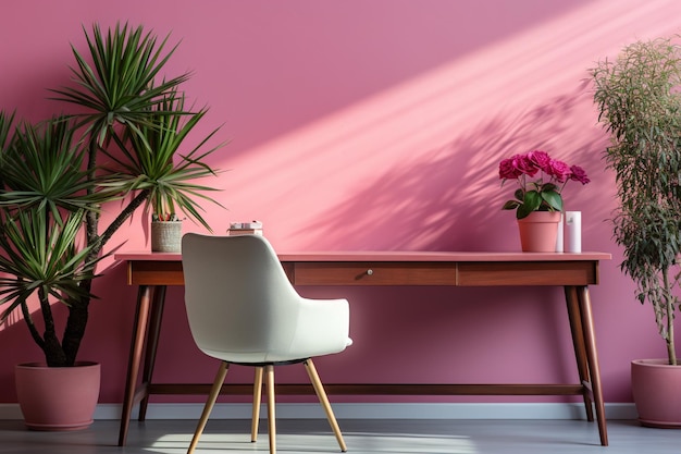 Sedia e tavolo nell'area di lavoro rosa
