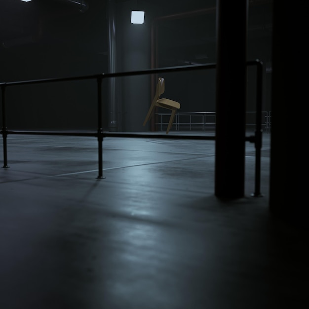 Sedia galleggiante di scena Dark Garage 3d renderizzata