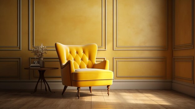 Sedia gialla in una stanza con tavolo e lampada