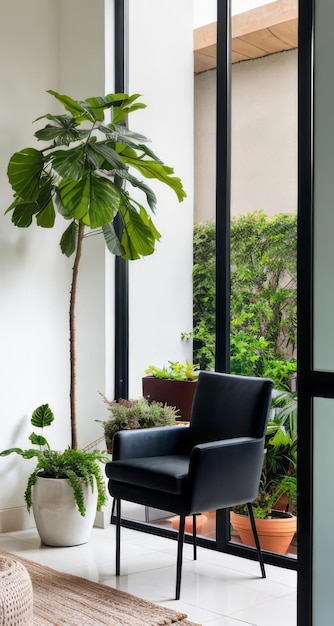 sedia moderna vicino alla finestra con piante moderno design degli interni per rilassarsi