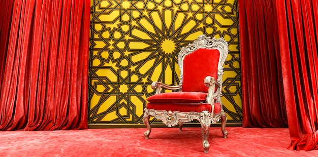 Sedia reale rossa su sfondo arabesco rosso e giallo Trono VIP Rendering 3d del trono reale rosso