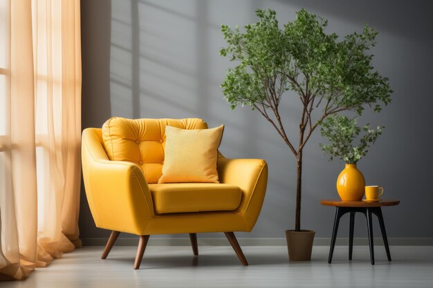 Sedie a ali gialle e tavolo da caffè vicino a una parete grunge beige Design interno del soggiorno AI generato