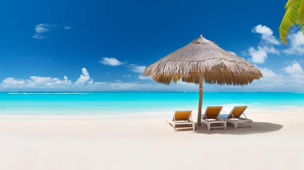 Sedie a sdraio con ombrellone e bellissima spiaggia di sabbia AI Generative
