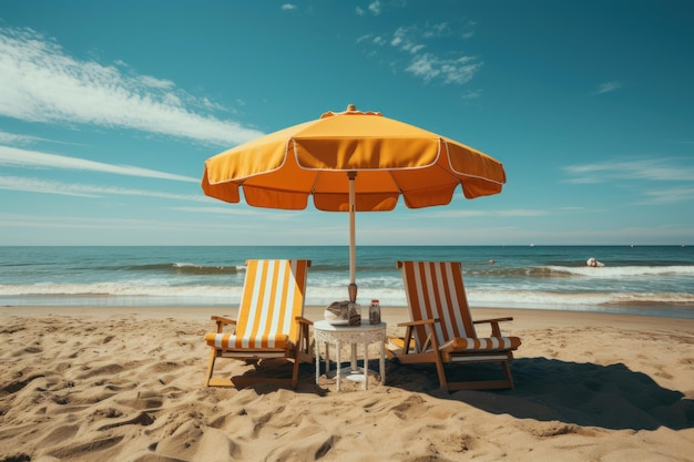 Sedie a sdraio e ombrello sulla spiaggia sabbiosa la migliore immagine estiva