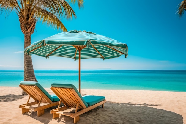 Sedie a sdraio e ombrellone con palme in spiaggia tropicale