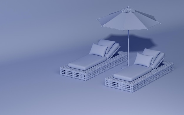 Sedie a sdraio e ombrellone in un semplice rendering 3d di colore blu pastello monocromatico e viola