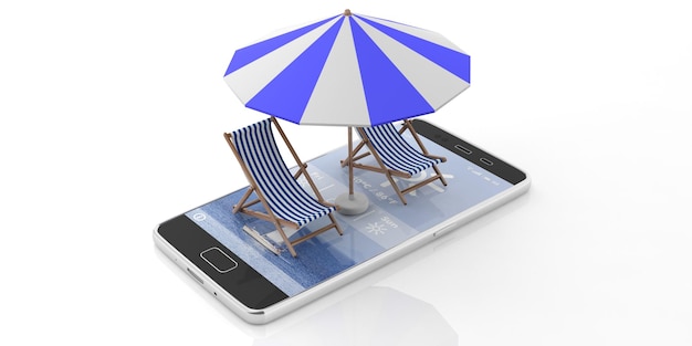 Sedie a sdraio e ombrellone su uno smartphone isolato su sfondo bianco 3d'illustrazione
