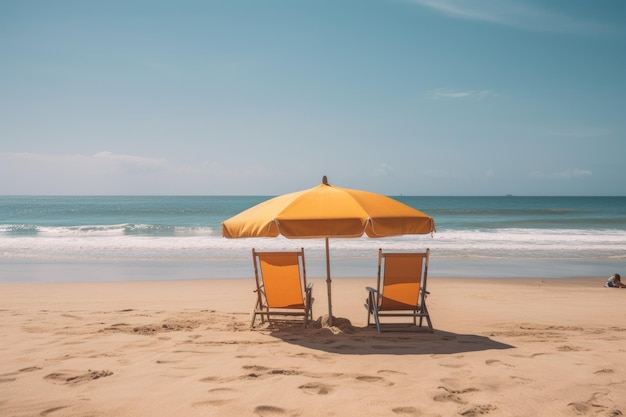 Sedie a sdraio e ombrellone sulla spiaggia immagini in stile effetto vintage Due poltrone vista posteriore sulla spiaggia con a