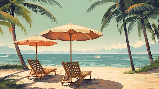 sedie a sdraio sulla spiaggia prendere il sole da un sole tropicale sotto le palme e gli ombrelli