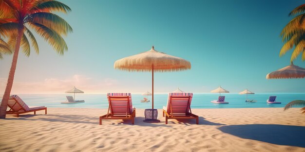 sedie a sdraio sulla spiaggia prendere il sole da un sole tropicale sotto le palme e gli ombrelli