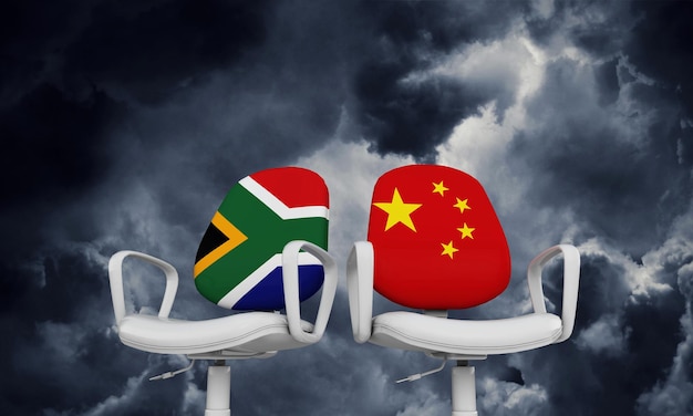 Sedie da lavoro in Sud Africa e Cina Rendering 3D del concetto di relazioni internazionali