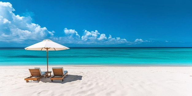 Sedie da spiaggia con ombrello e bellissima spiaggia di sabbia tropicale