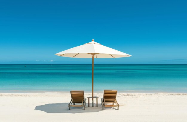 Sedie da spiaggia con ombrello e bellissima spiaggia di sabbia tropicale