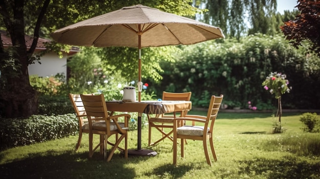 sedie da tavolo e ombrellone all'aperto in giardino d'estate