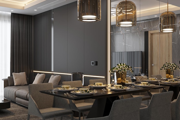 Sedie da tavolo moderne Chic Dining Escape e illuminazione d'effetto con interni in stile industriale rendering 3D