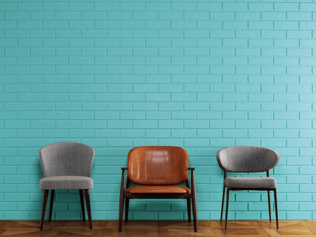sedie diverse in stile moderno in piedi davanti al muro di mattoni