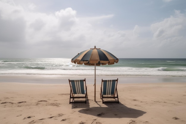 Sedie e ombrellone sulla spiaggia con il mare sullo sfondo Due poltrone vista posteriore sulla spiaggia con a