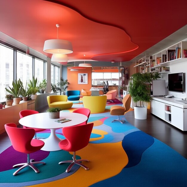 sedie e tavoli dai colori vivaci in un ufficio generativo dai colori brillanti
