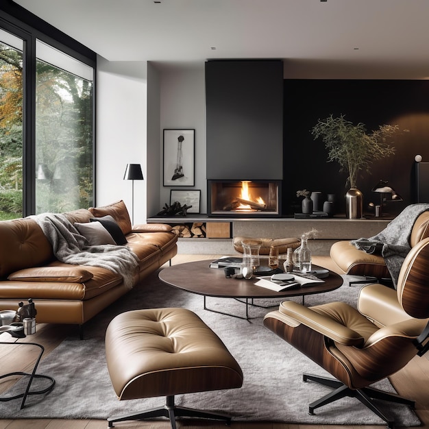 Sedie in pelle marrone divano grigio camino stile midcentury casa interior design di vita moderna