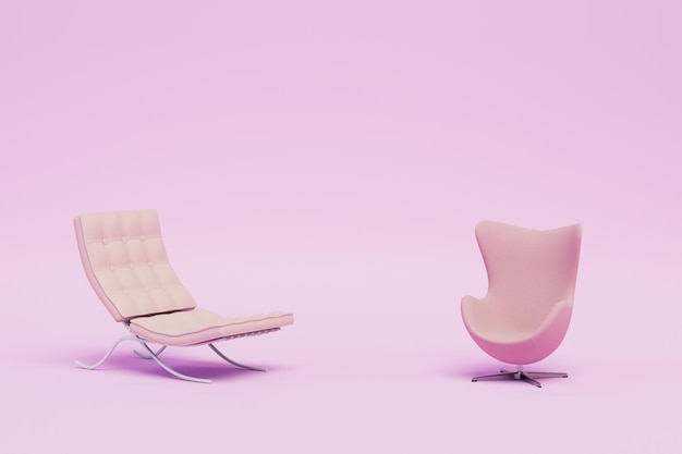 Sedie morbide vintage per rilassarsi di colore rosa su sfondo rosa 3D render