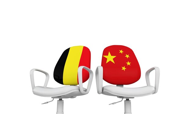 Sedie per affari in Belgio e Cina Rendering 3D del concetto di relazioni internazionali