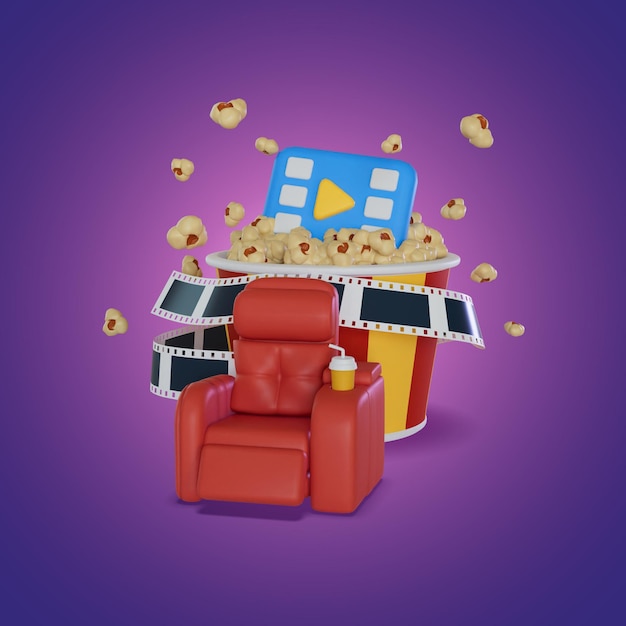 Sedie speciali bobine di film e popcorn nel cinema 3D Render illustrazione
