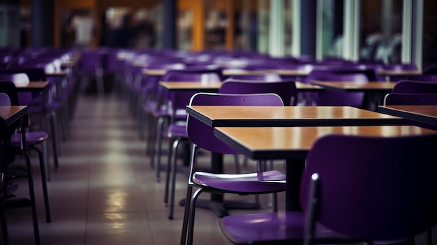 Sedie viola sui tavoli nella sala da pranzo del ristorante Vista di uno spazio vuoto