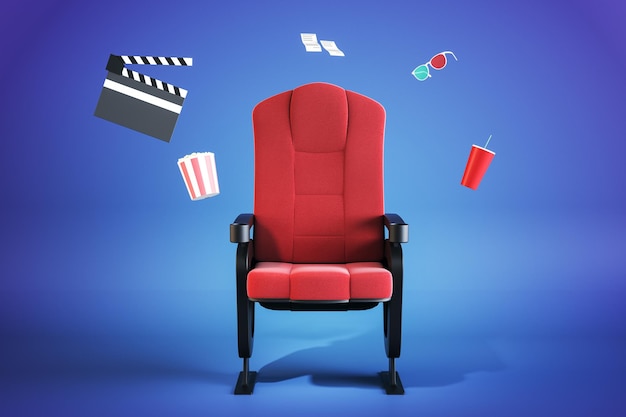 Sedile creativo di cinema rosso con bevande di popcorn e altri oggetti sparsi su sfondo blu Film e concetto di cinema 3D Rendering
