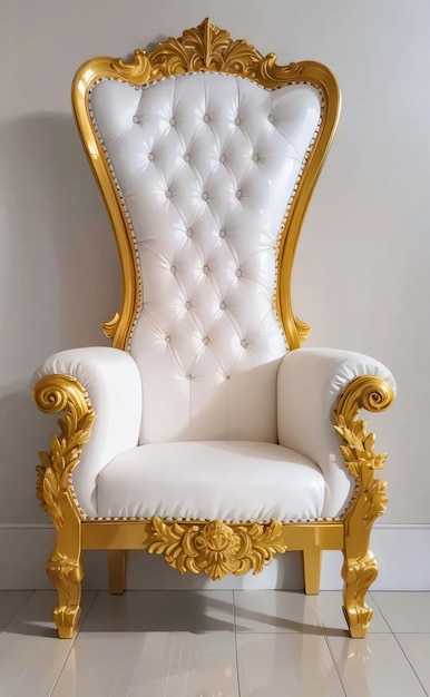 Sedile del trono colore oro bianco isolato su sfondo semplice oro e bianco sedile del trono lussuoso
