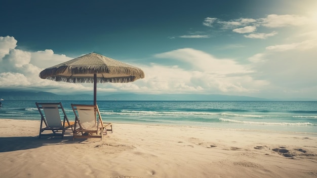 Sedile e ombrellone in spiaggia IA generativa