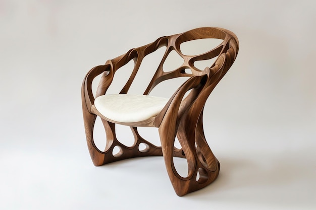 Sedile elegante con soft top bianco e gambe in legno isolate su uno sfondo chiaro Sedile di design in legno Dettaglio di mobili interni moderni