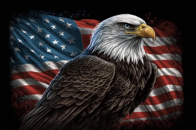 Sedili dell'aquila calva nordamericana sullo sfondo della bandiera americana. Vacanze negli Stati Uniti 4 luglio, Indipendenza