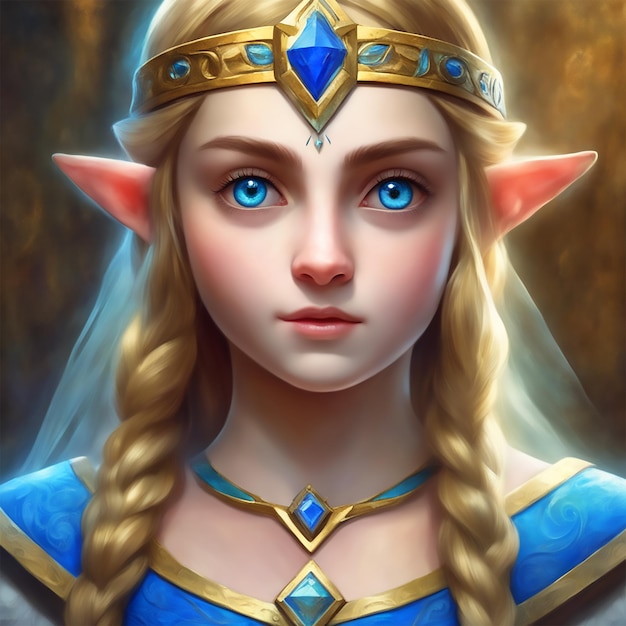 Seducente e carina principessa Zelda di 25 anni, viso perfetto, occhi azzurri, occhi riflessi, testa e parte superiore del corpo