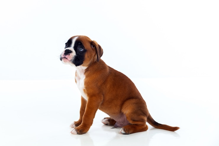 Foto seduta adorabile del cucciolo del pugile