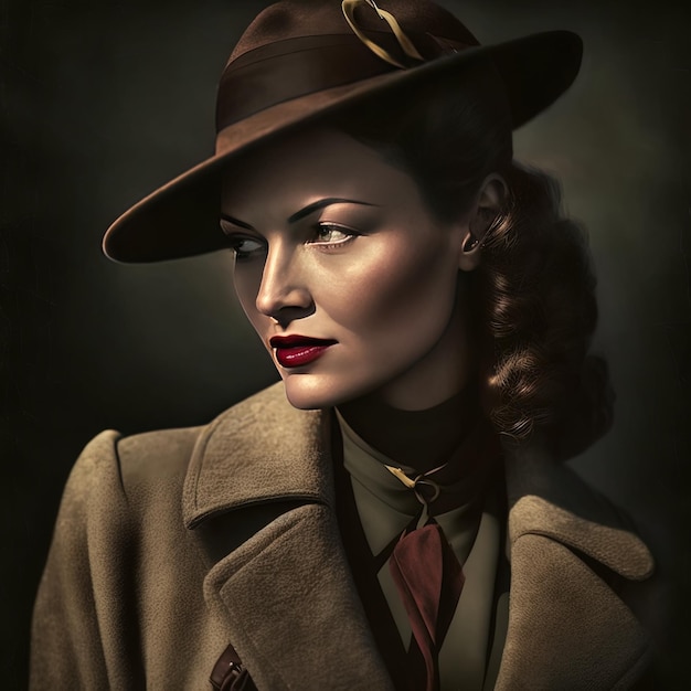 Seduzione senza tempo Femme Fatale anni '40 con cappello e cappotto con cintura