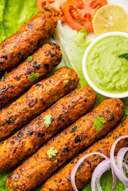 Seekh Kabab fatto con pollo tritato o keema di montone, servito con chutney verde e insalata