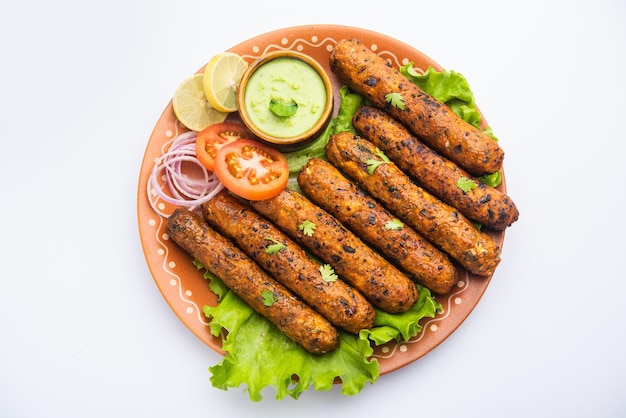 Seekh Kabab fatto con pollo tritato o keema di montone, servito con chutney verde e insalata