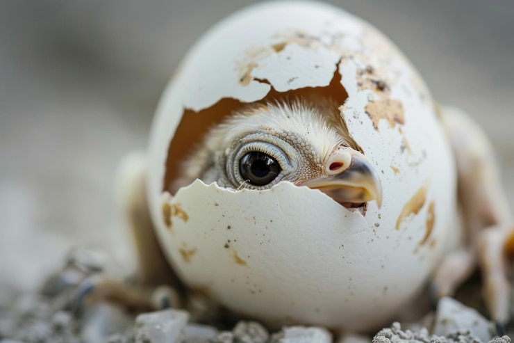 Photo seekor anak burung mengintip dari cangkangnya